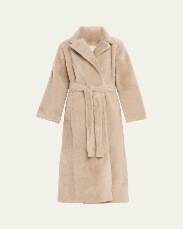 Reversible Shearling Velour Overcoat with Self-Tie